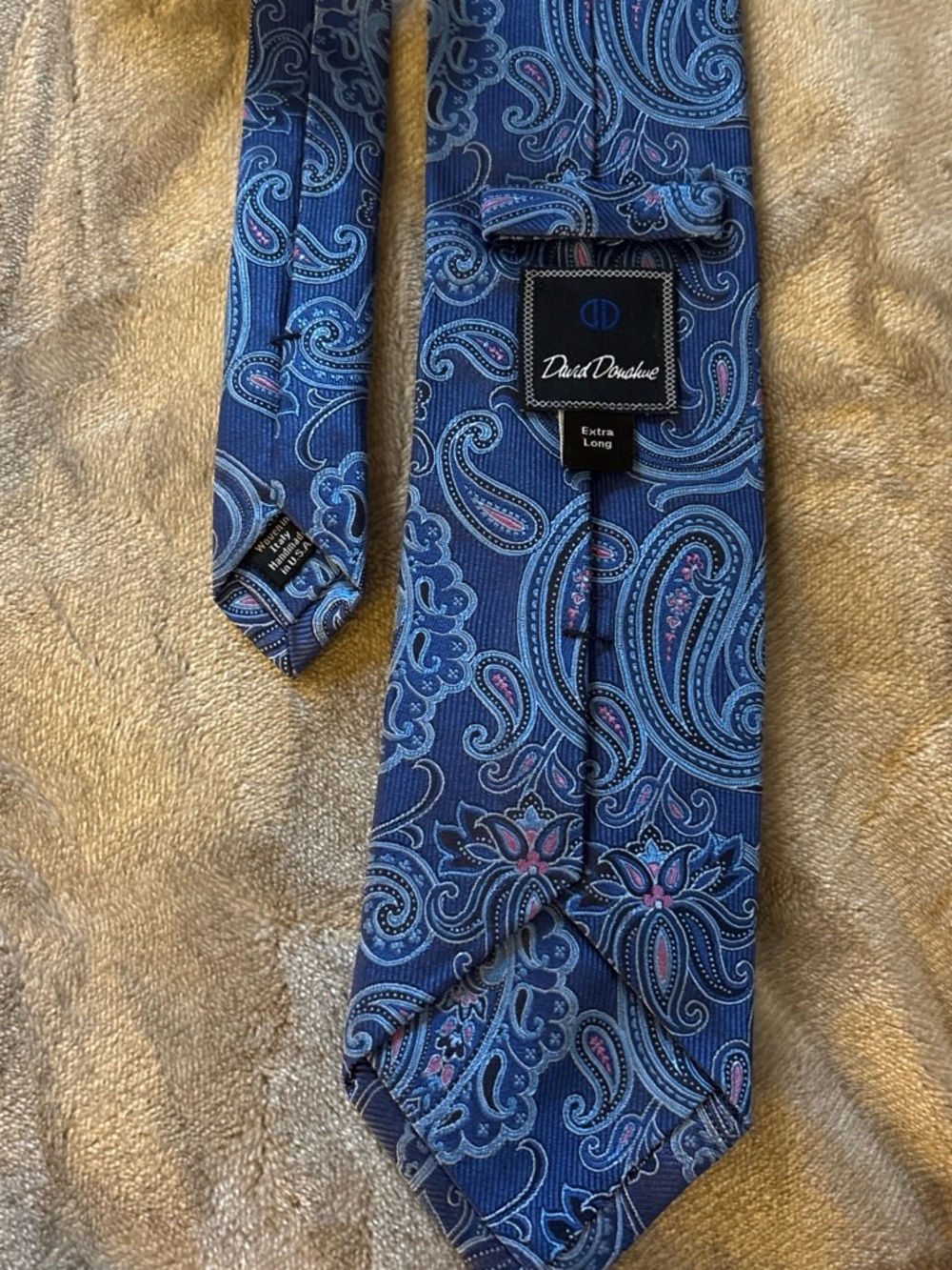 David Donahue Navy and Light Blue Paisley Silk Tie with Pink Accents